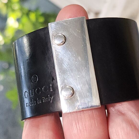 Gucci 925 Silver & Black Leather Cuff Bracelet in Box - Picture 10 of 13